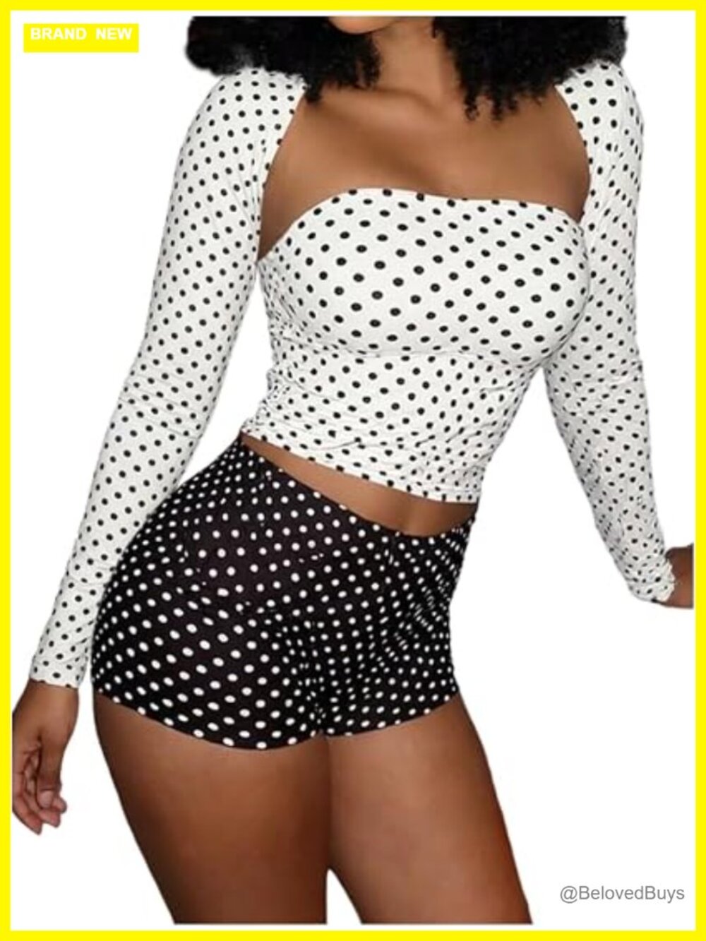 3 Piece Y2k Outfit Set Polka Dot Crop Tube Top Long Sleeve Shirt and Shorts